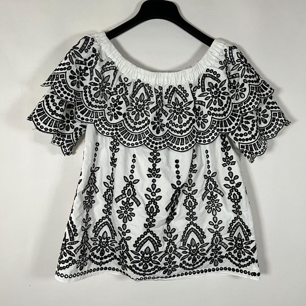 John Mark Eyelet Off the Shoulder Peasant Blouse Large Embroidery Boho Southwest